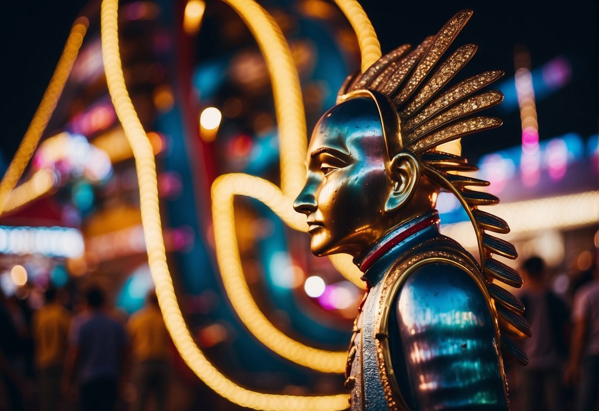 A colorful carnival with spinning rides and flashing lights