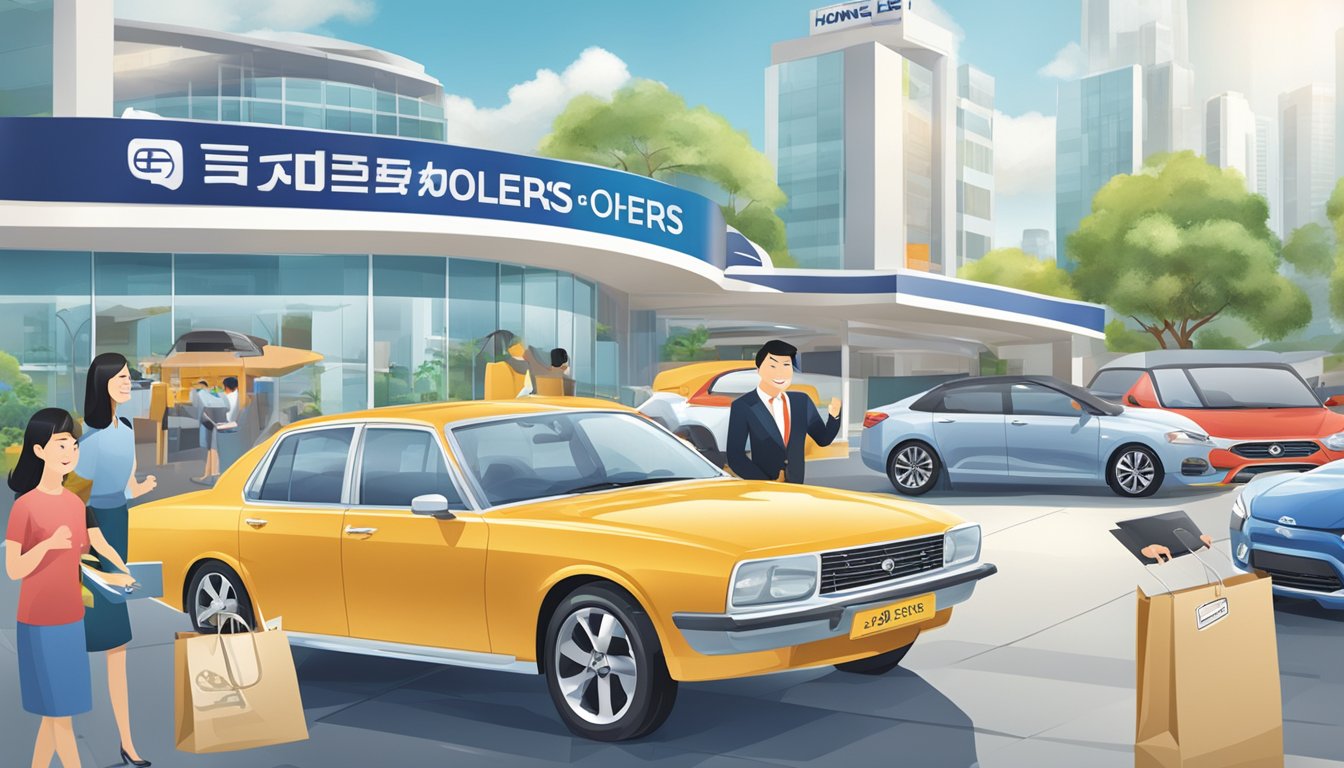 A car dealership with signs advertising "Special Offers and Promotions" for Hong Leong Finance car loans in Singapore. Displayed vehicles and happy customers