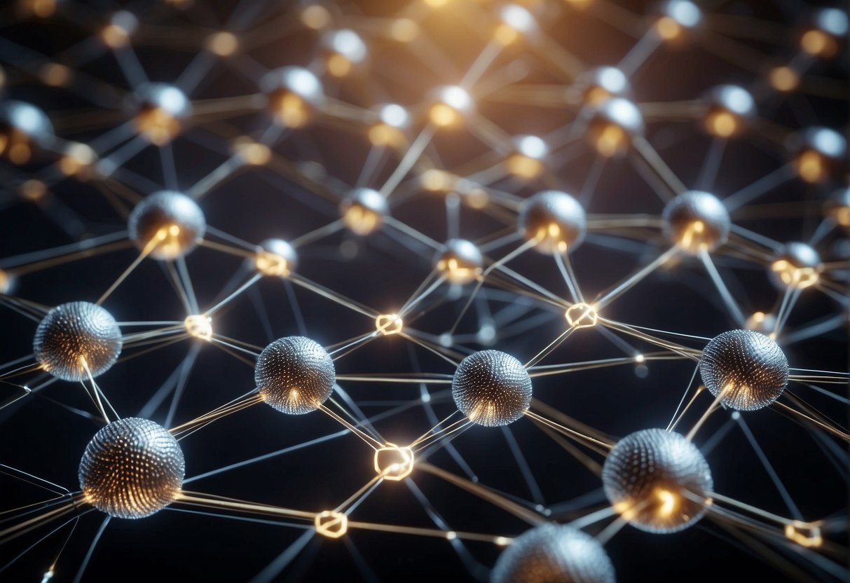 A network of interconnected nodes spreading outwards in a symmetrical pattern, with a central hub emitting signals in all directions