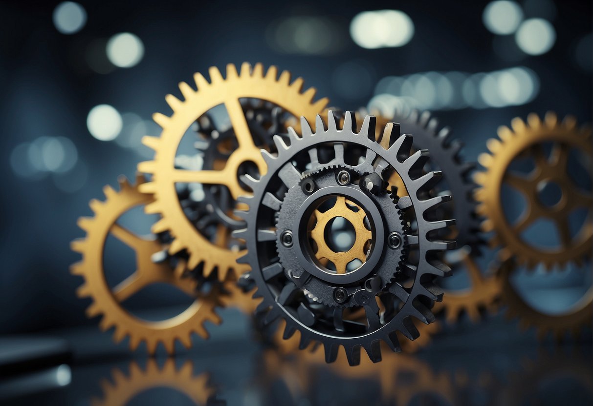 A network of interconnected gears and cogs, smoothly turning and interacting, emitting a soft, steady hum