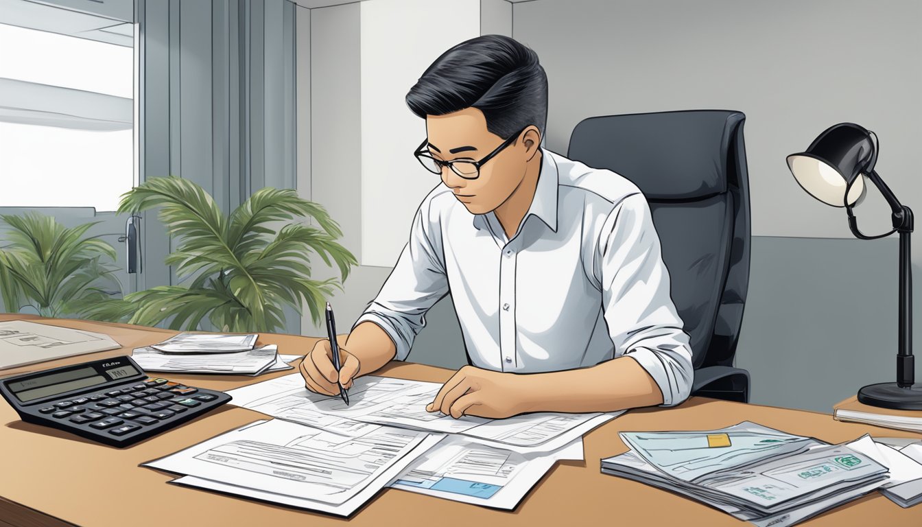 A person sits at a desk, reviewing documents with the Hong Leong logo. A calculator and pen are nearby, indicating financial activity. The scene exudes a sense of professionalism and financial responsibility
