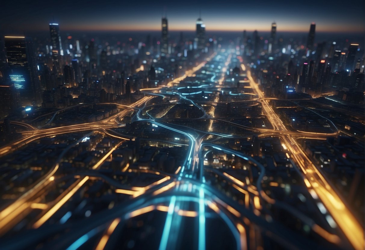 The futuristic cityscape is filled with sleek, interconnected buildings and efficient transportation systems. A network of glowing pathways and data streams crisscrosses the sky, symbolizing the stable diffusion of technology and progress