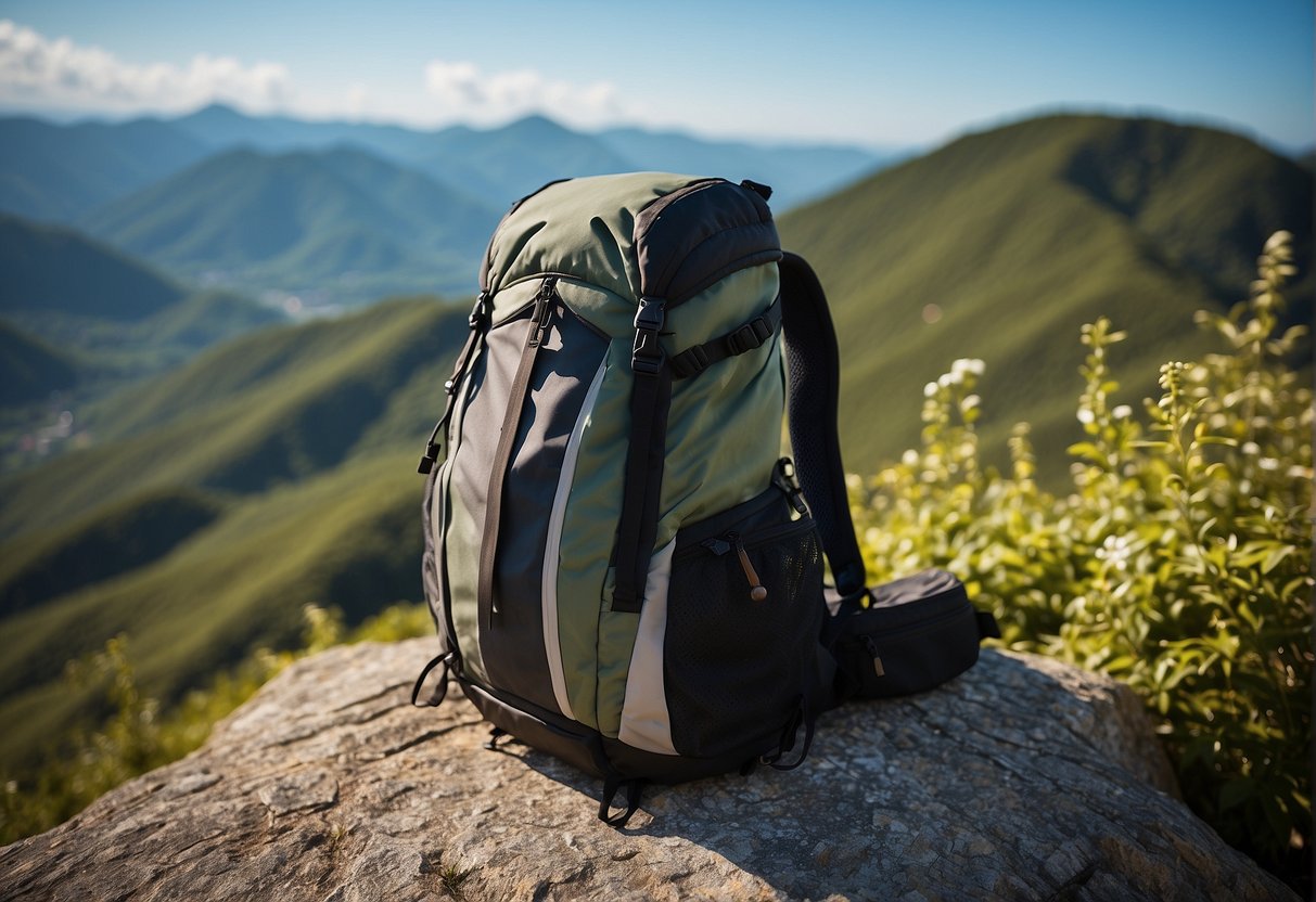 A sturdy, sleek backpack resting on a mountain peak, surrounded by lush greenery and a clear blue sky