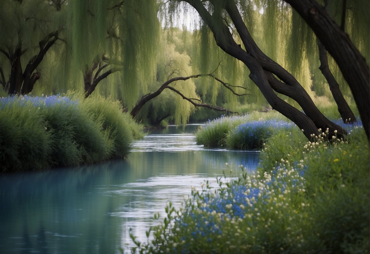 A serene river winds through a lush landscape, flanked by graceful willow trees with cascading branches and delicate blue flowers
