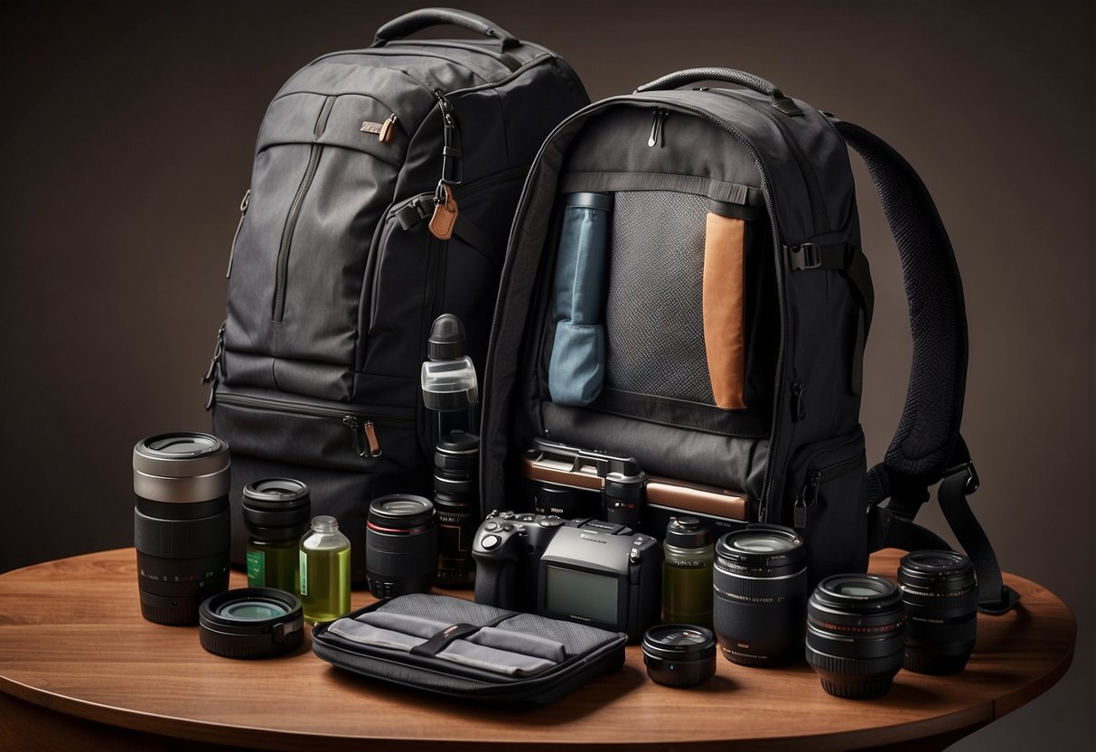 A travel backpack stands open, displaying multiple compartments and adjustable straps. It is surrounded by various travel essentials, showcasing its versatility and adaptability