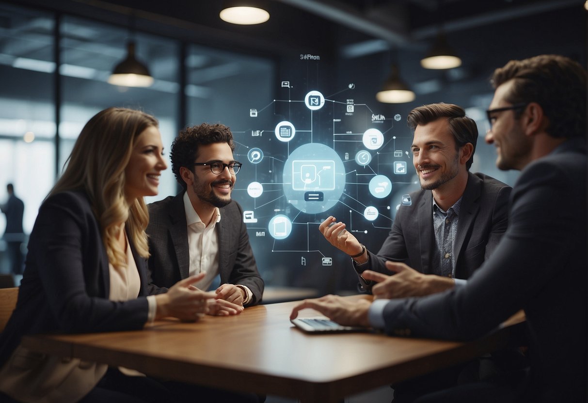 A group of people interacting with a digital platform, sharing ideas and feedback, with a focus on communication and collaboration