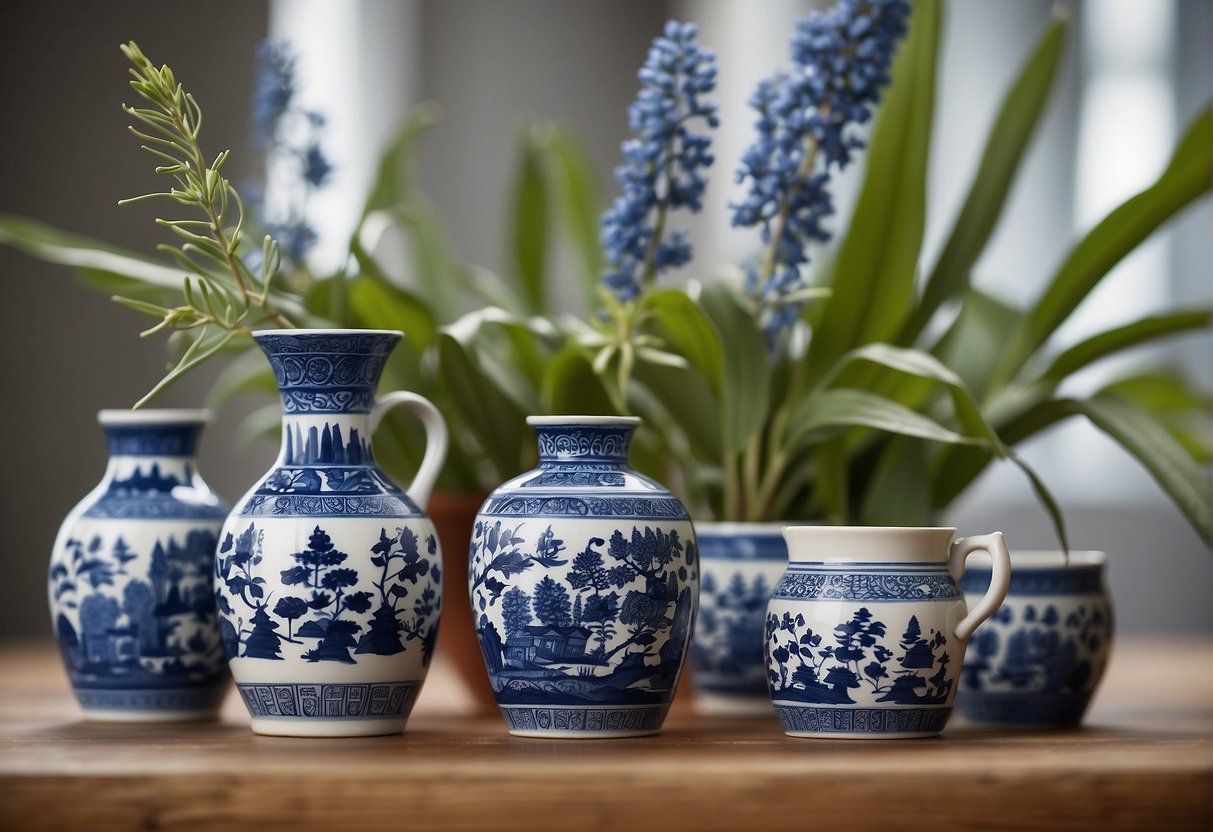 A series of blue willow products, from traditional to modern, arranged in a timeline with evolving design features and updates