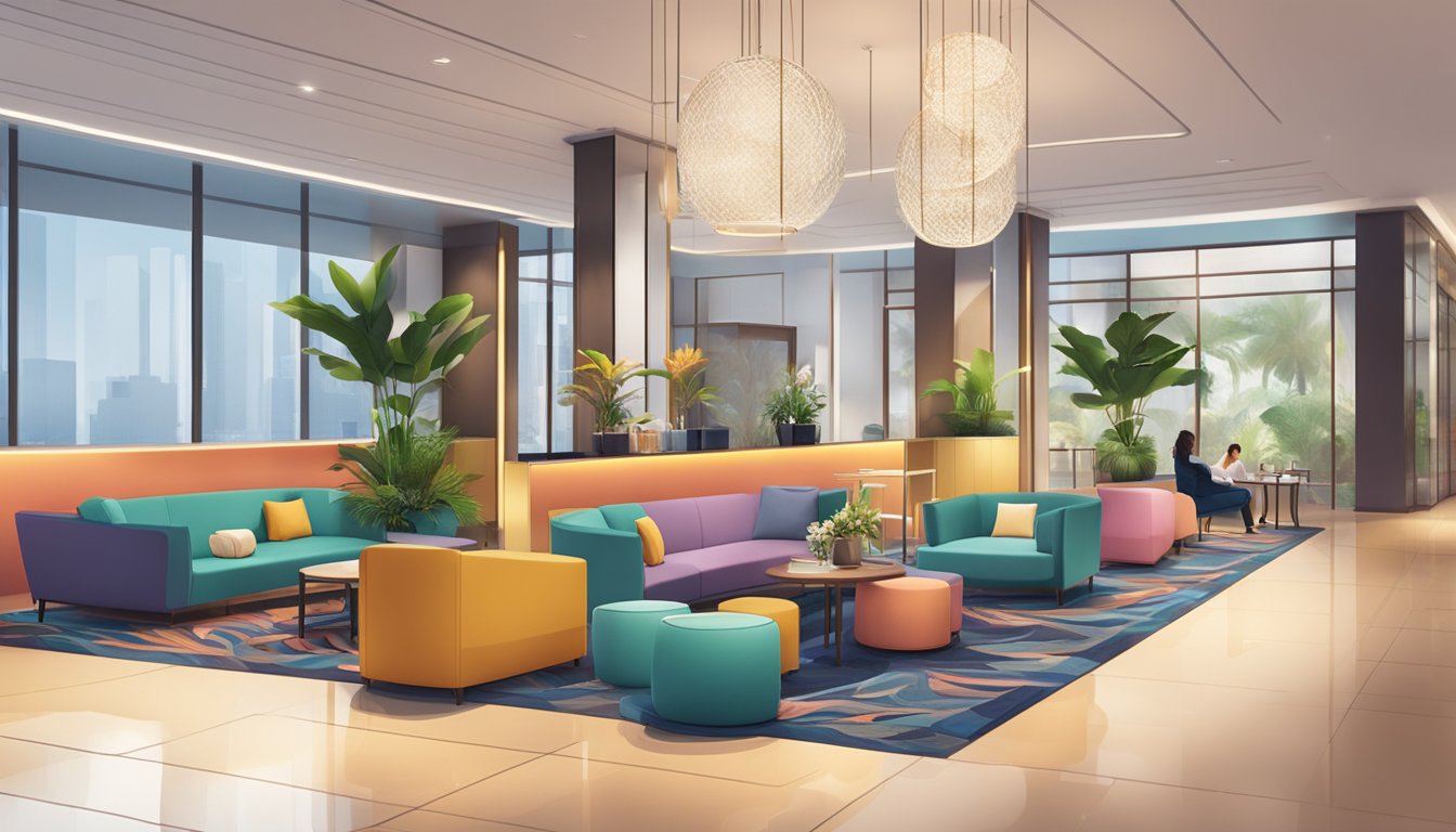 A colorful hotel lobby with a welcoming reception desk, comfortable seating area, and a display of promotional materials for staycation packages in Singapore