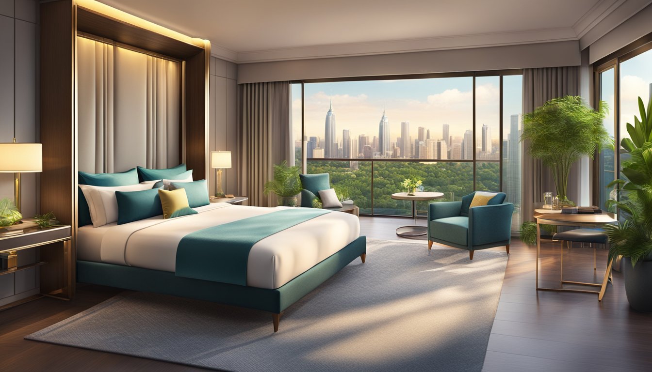 A luxurious hotel room with a plush king-sized bed, a balcony overlooking the city skyline, and a sparkling pool surrounded by lush greenery