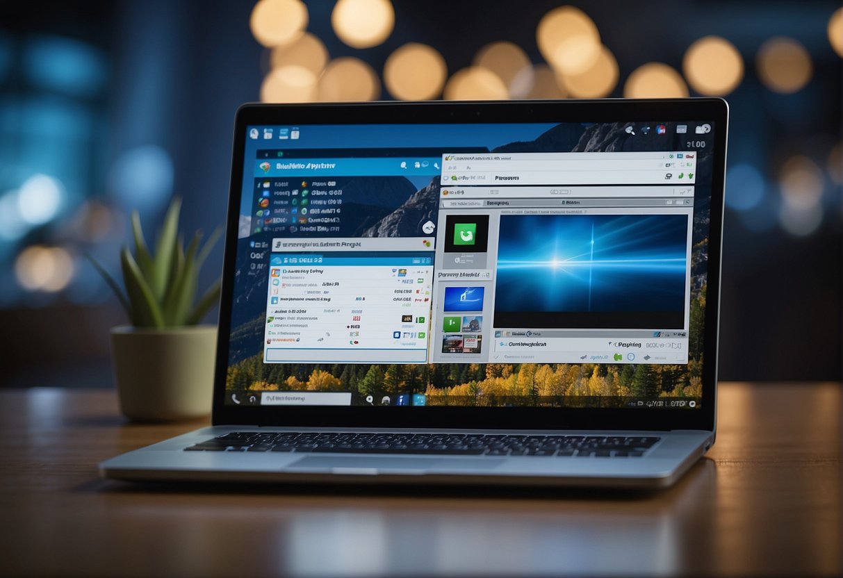 A laptop displaying various software applications, with a focus on the BlueWillow program. Icons and windows open, showing its versatility and usability