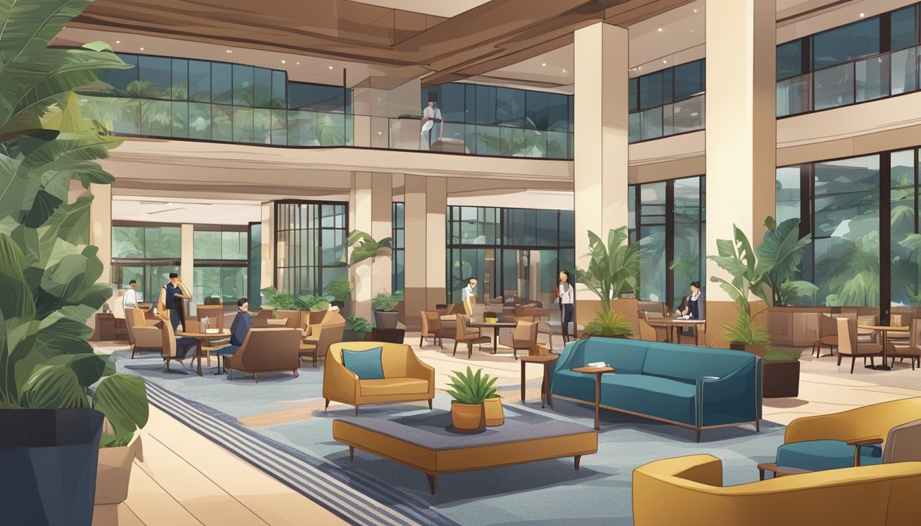 A bustling hotel lobby with a prominent "Frequently Asked Questions" sign, surrounded by promotional materials for a staycation in Singapore