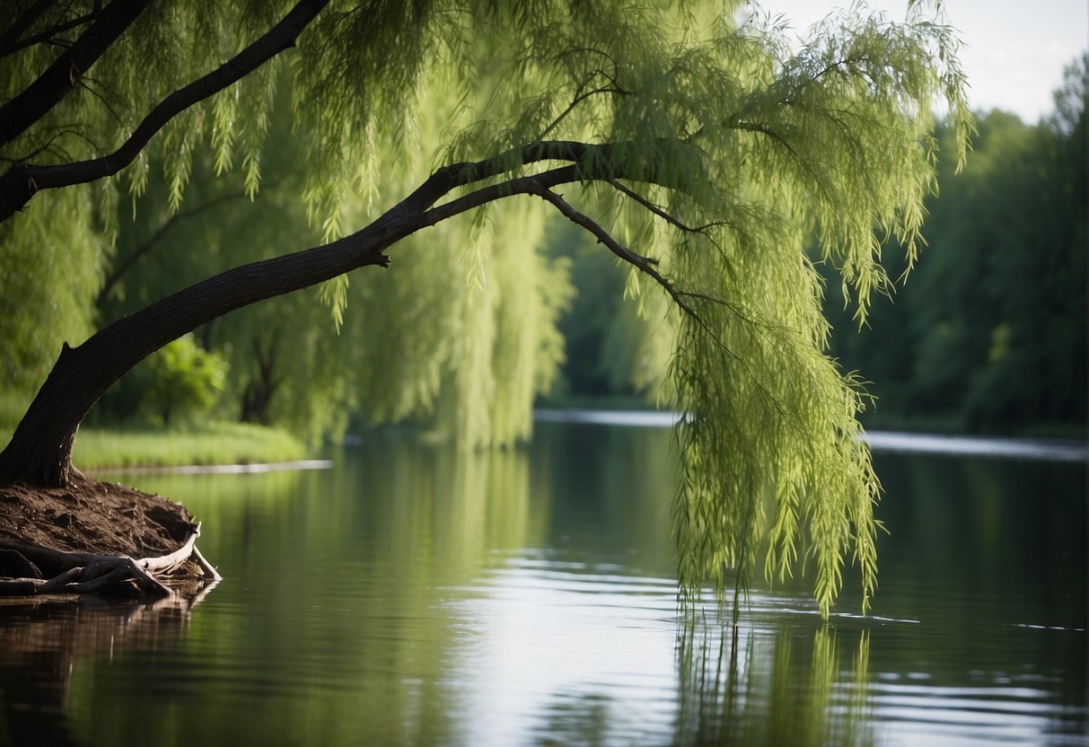 A serene river winds through a lush, green landscape, with a graceful willow tree dipping its branches into the water, symbolizing integration and expansion