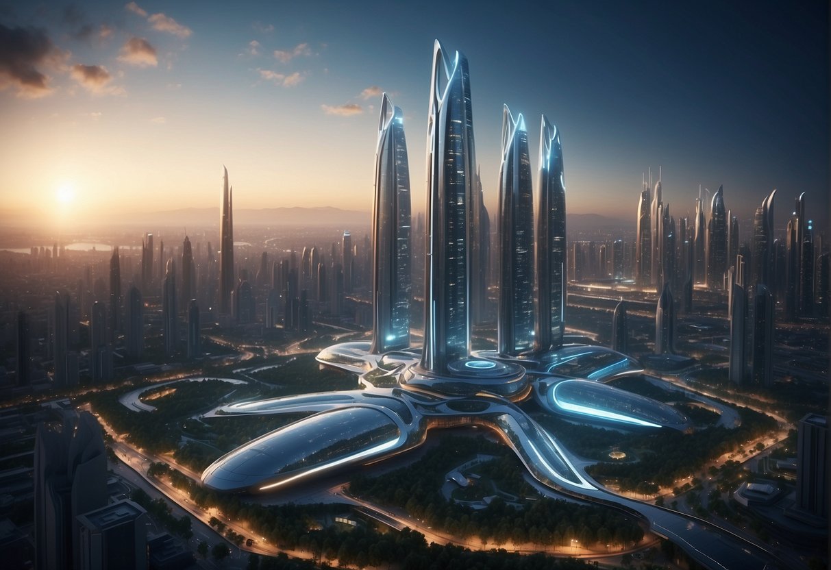 A futuristic cityscape with towering skyscrapers, sleek flying vehicles, and advanced technology integrated into the architecture. The scene is illuminated by a soft blue glow, creating a sense of wonder and possibility