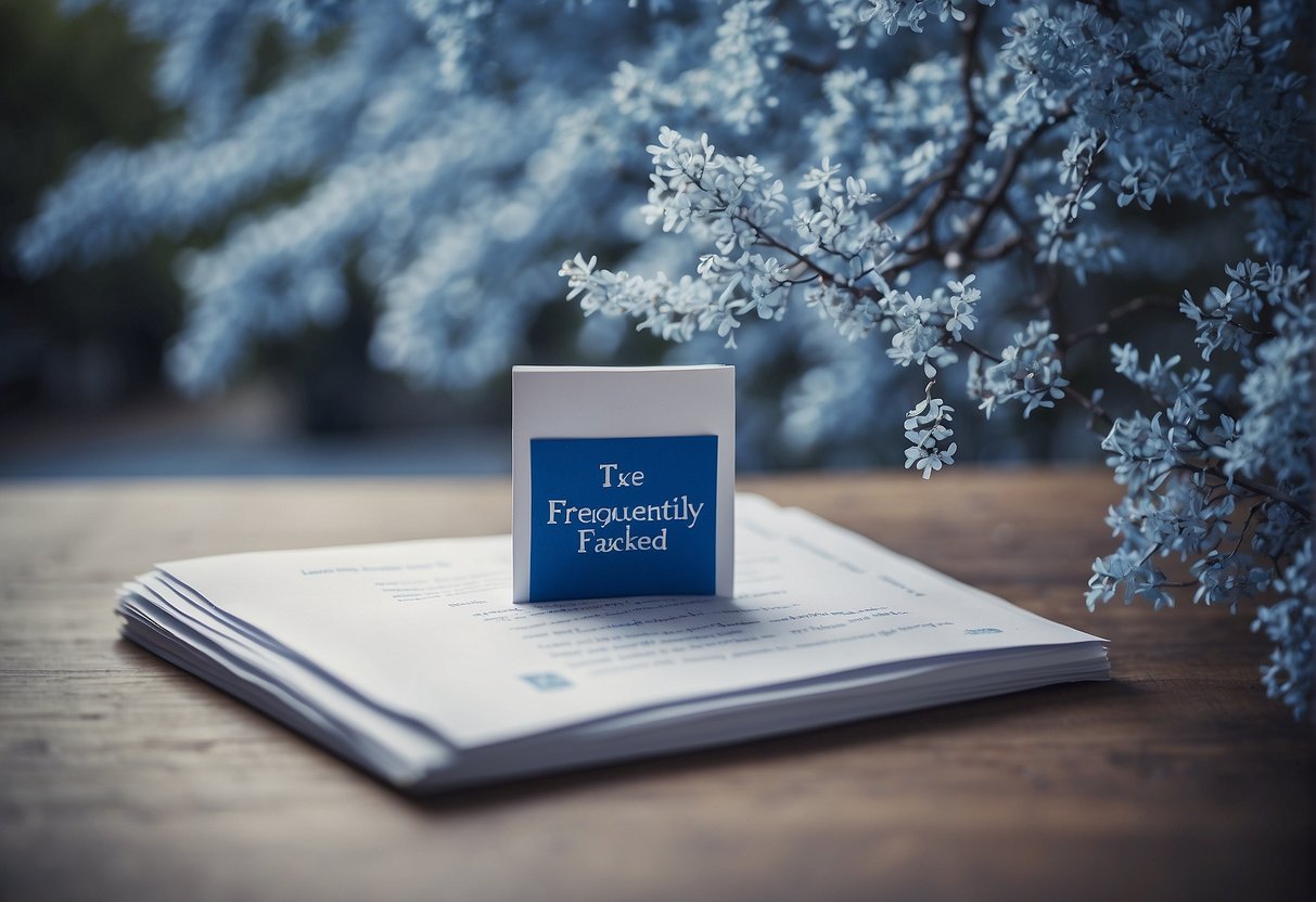 A stack of paper with "Frequently Asked Questions BlueWillow" printed on top, surrounded by question marks and a blue willow tree in the background
