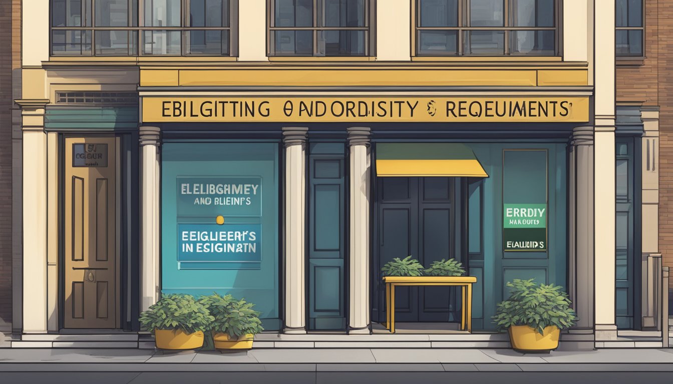 A sign outside a building with "Eligibility and Requirements" written in bold letters, next to a list of criteria and a money lender's logo