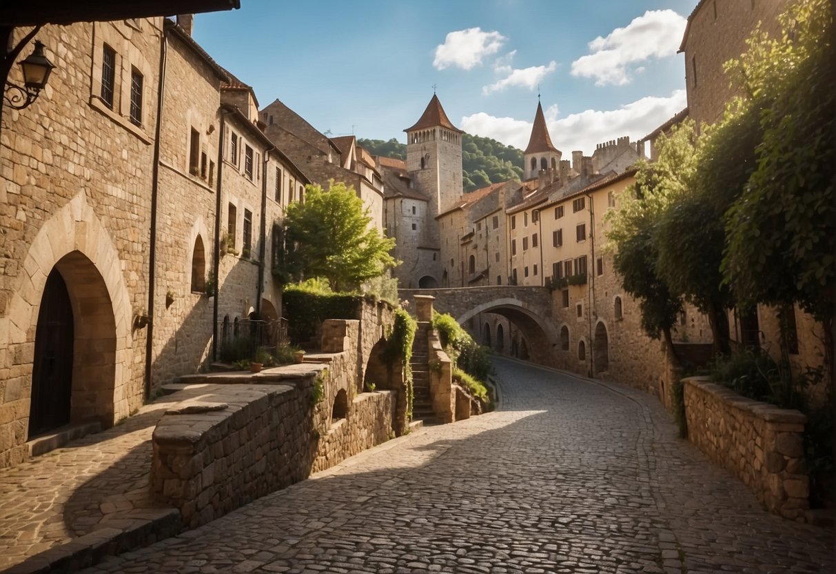 A bustling medieval city, with cobblestone streets, towering stone walls, and bustling market squares. The town is surrounded by lush green hills and overlooks a sparkling river