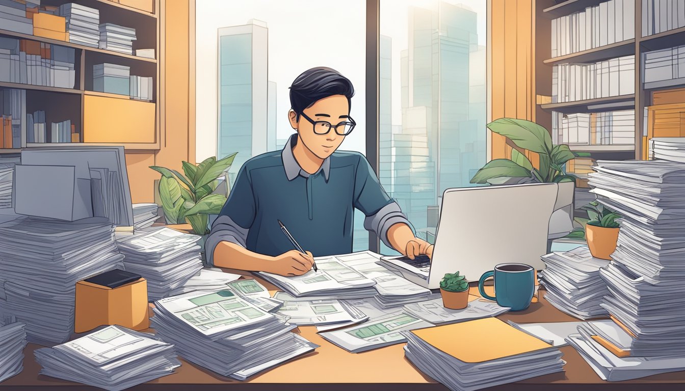 A person sitting at a desk, surrounded by bills and financial documents, calculating and organizing repayments to a Hougang money lender in Singapore