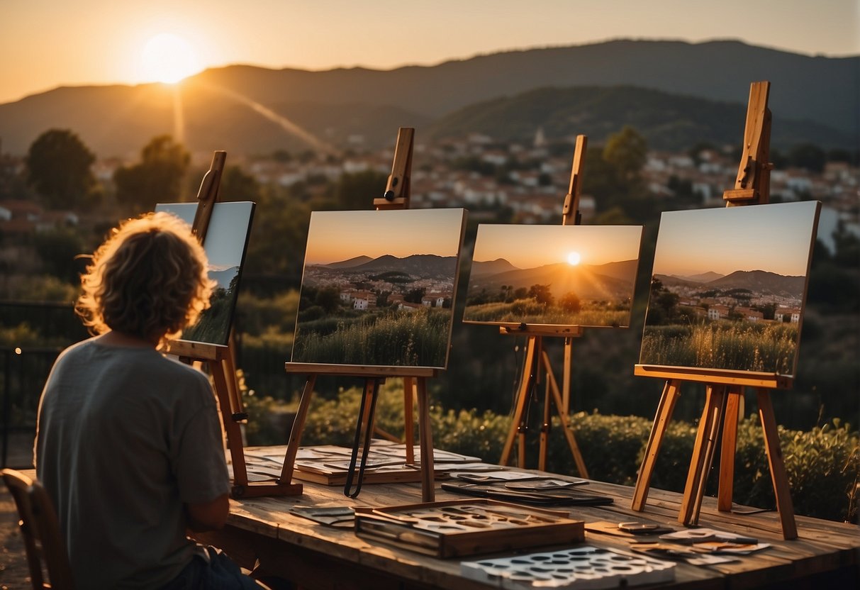 The sun sets over a quaint village, with artists gathered around easels, capturing the beauty of Civitai Civitai. The air is filled with the sound of brushes on canvas and the hum of creative energy