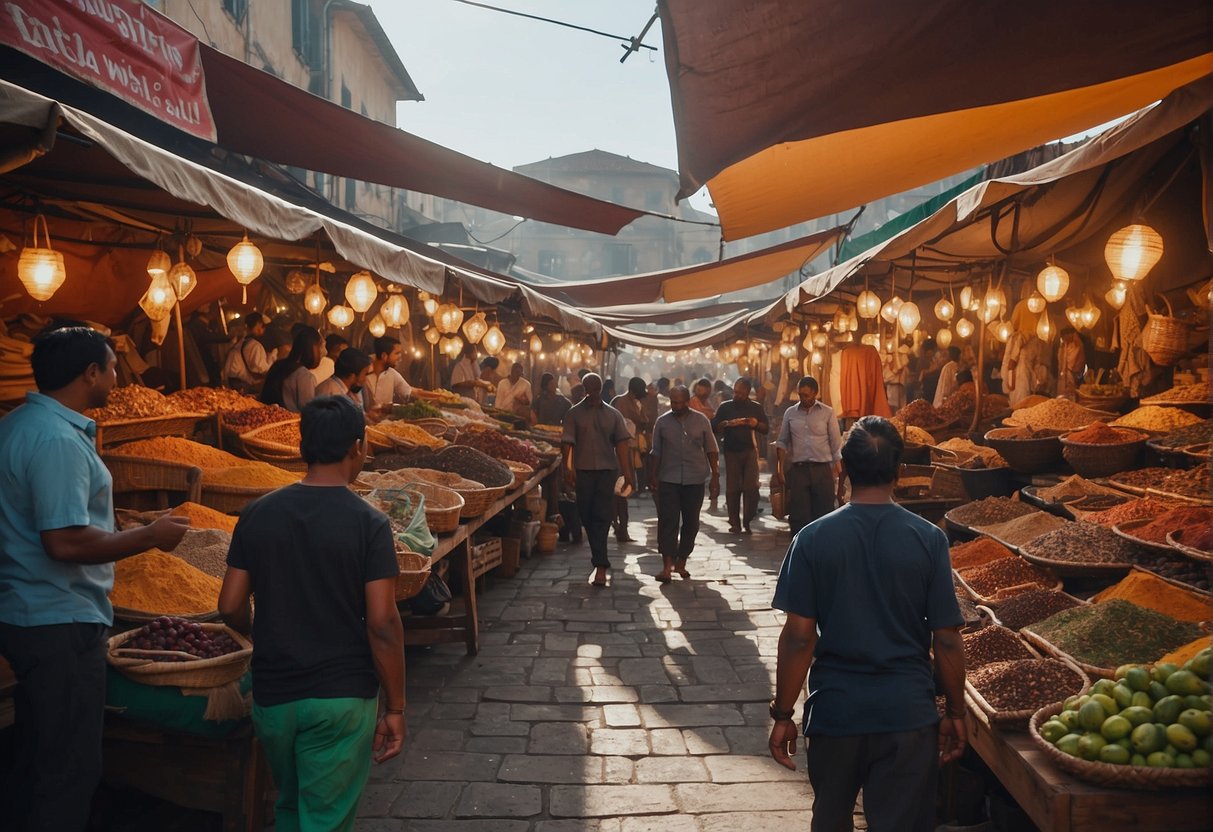The bustling marketplace of Civitai is filled with colorful tents and lively merchants selling exotic goods from all over the world. The aroma of spices and the sound of bargaining fill the air