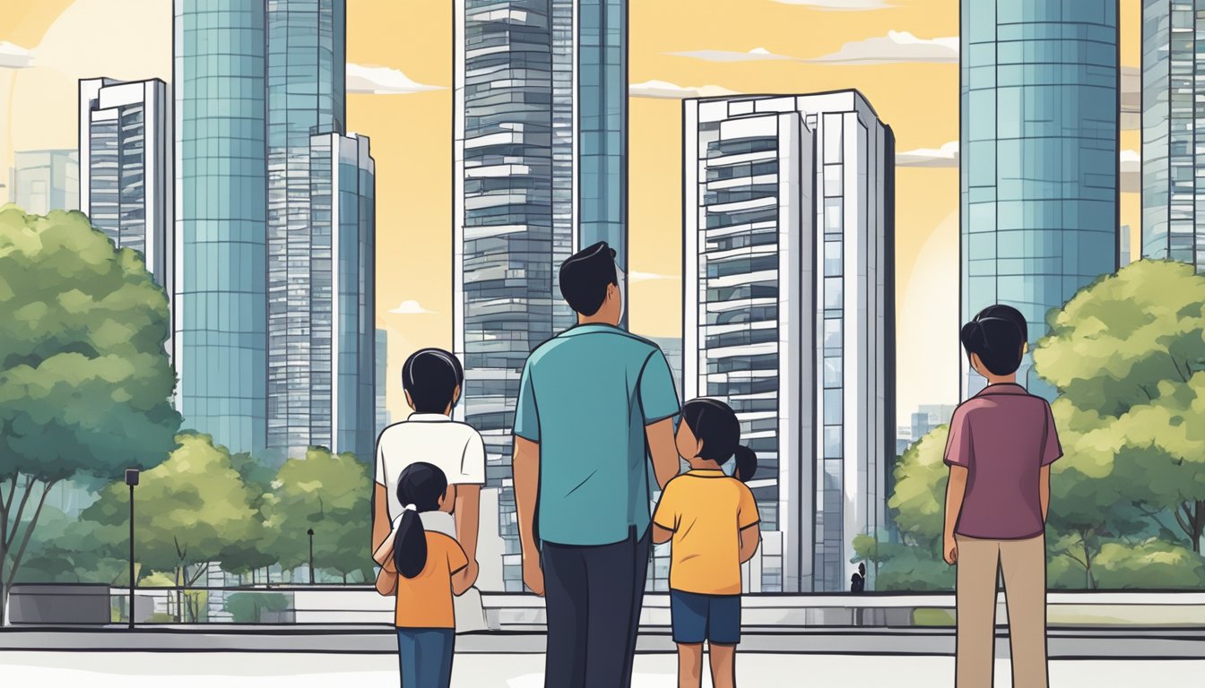 A family stands outside a modern condominium, with a real estate agent explaining housing loan limits in Singapore. The skyline looms in the background