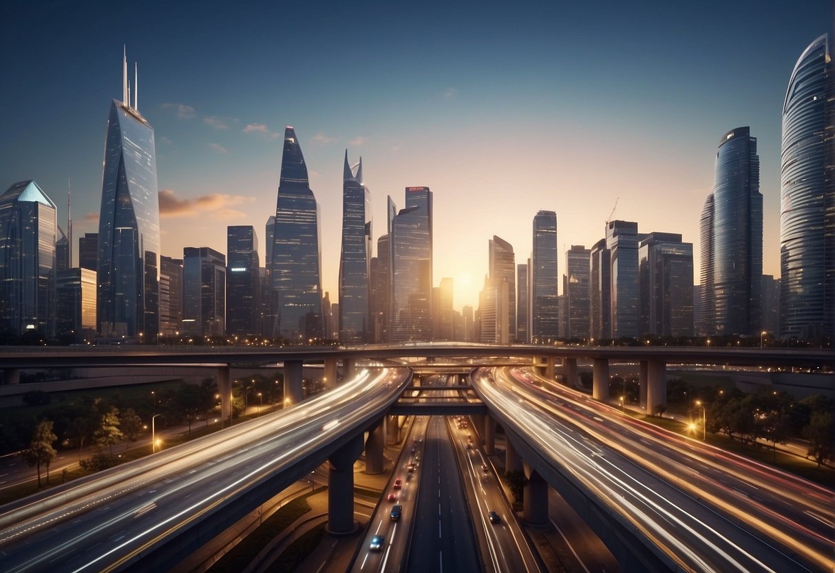 A modern city skyline with interconnected networks of roads, bridges, and buildings, showcasing the seamless integration and extensibility of Civitai