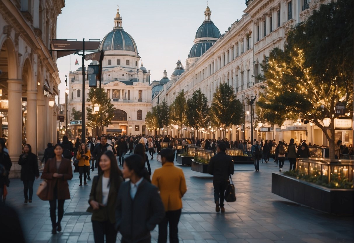 A bustling city square with diverse architecture, people engaged in commerce, and signs of cultural and technological advancement