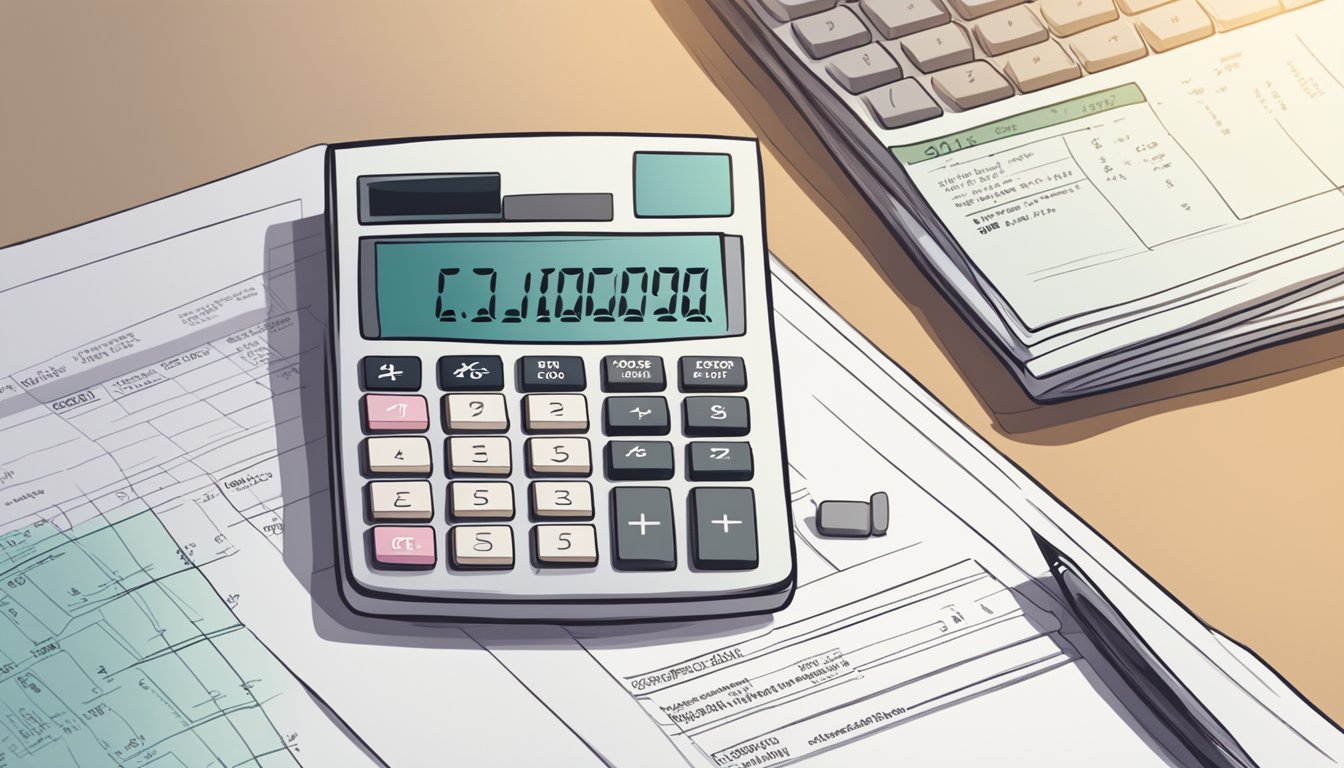 A calculator and a CPF statement are laid out on a desk, with numbers being input into the calculator to demonstrate the process of calculating CPF interest in Singapore
