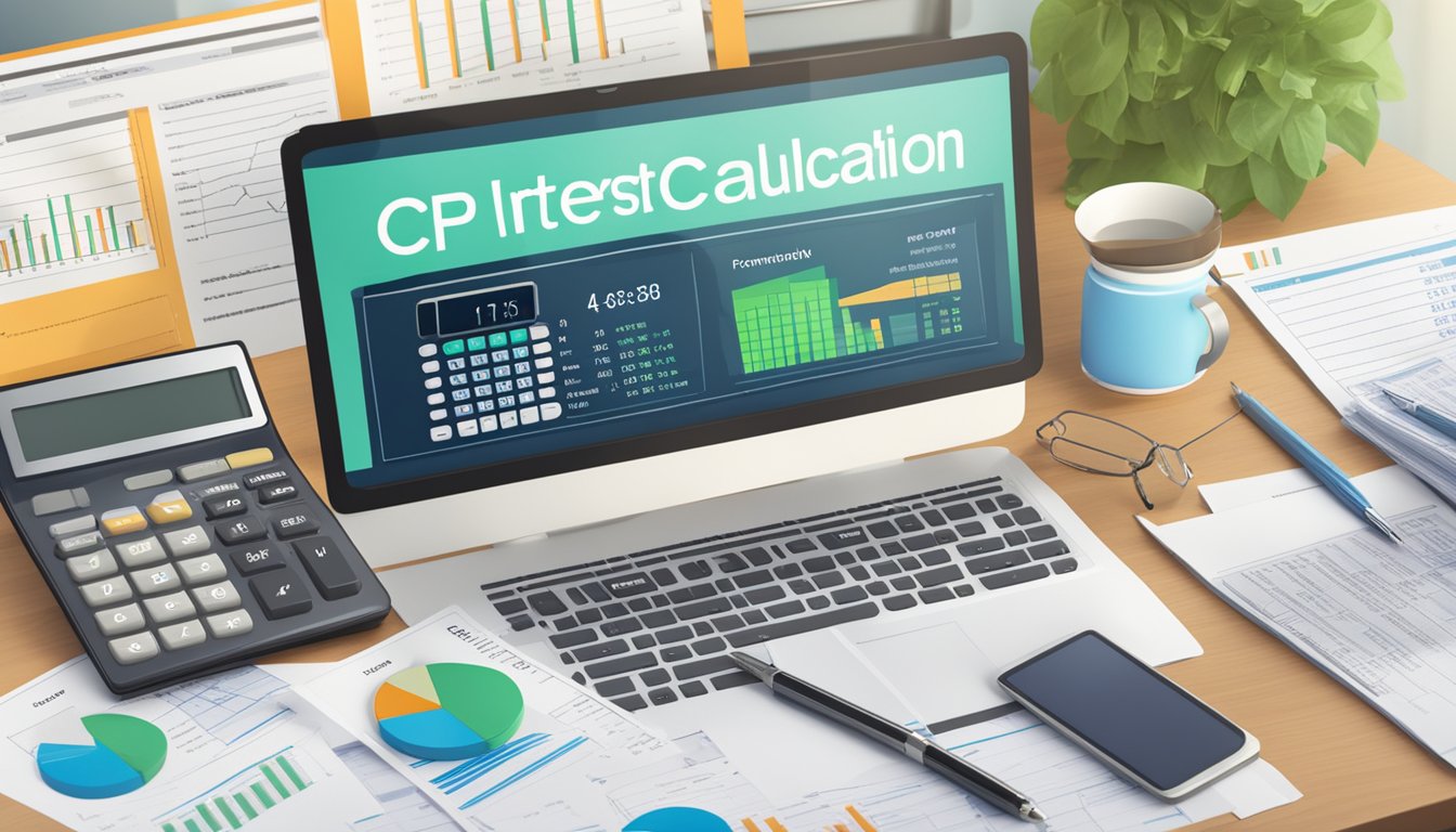 A calculator surrounded by financial documents and charts, with the words "CPF Interest Calculation" prominently displayed on a computer screen