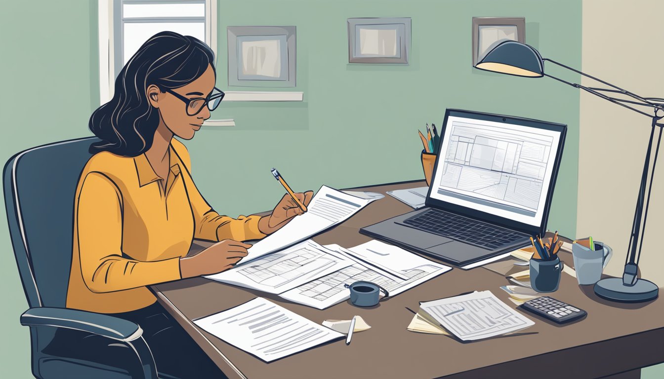 A homeowner sits at a desk, reviewing paperwork for a home renovation loan. A calculator, pen, and documents are spread out in front of them, as they consider their financial options