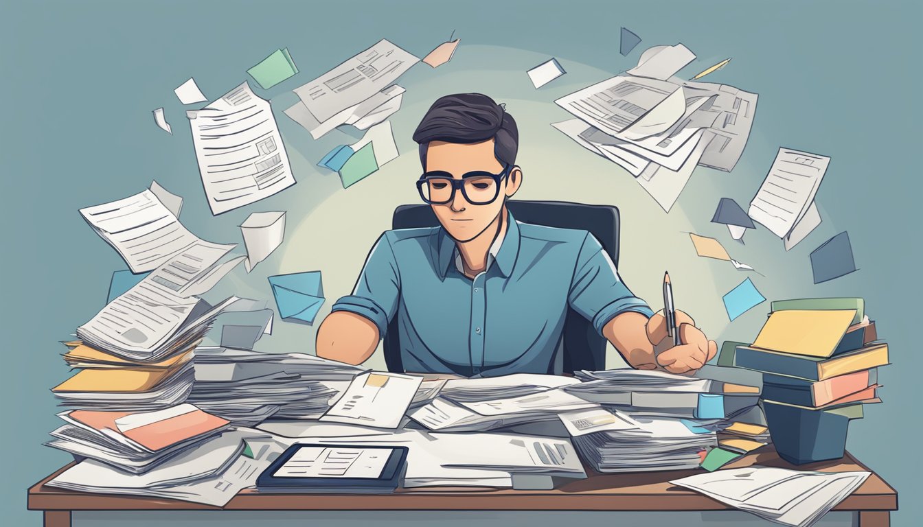 A person sitting at a desk with multiple loan documents spread out, looking stressed and overwhelmed. A calculator and pen are on the table