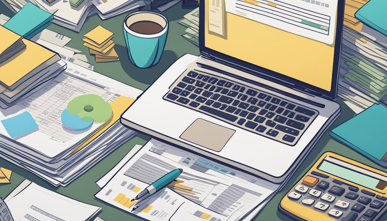 A pile of payday loan documents sits on a desk, surrounded by calculators and financial statements. A person types on a computer, researching payday loan consolidation options in Singapore