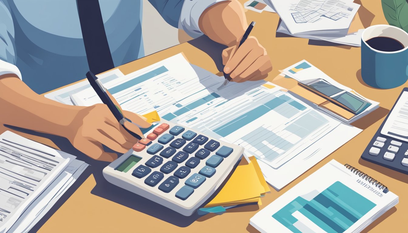 A person sits at a desk with paperwork and a calculator, surrounded by various loan documents. They are researching loan consolidation options for their payday loans in Singapore