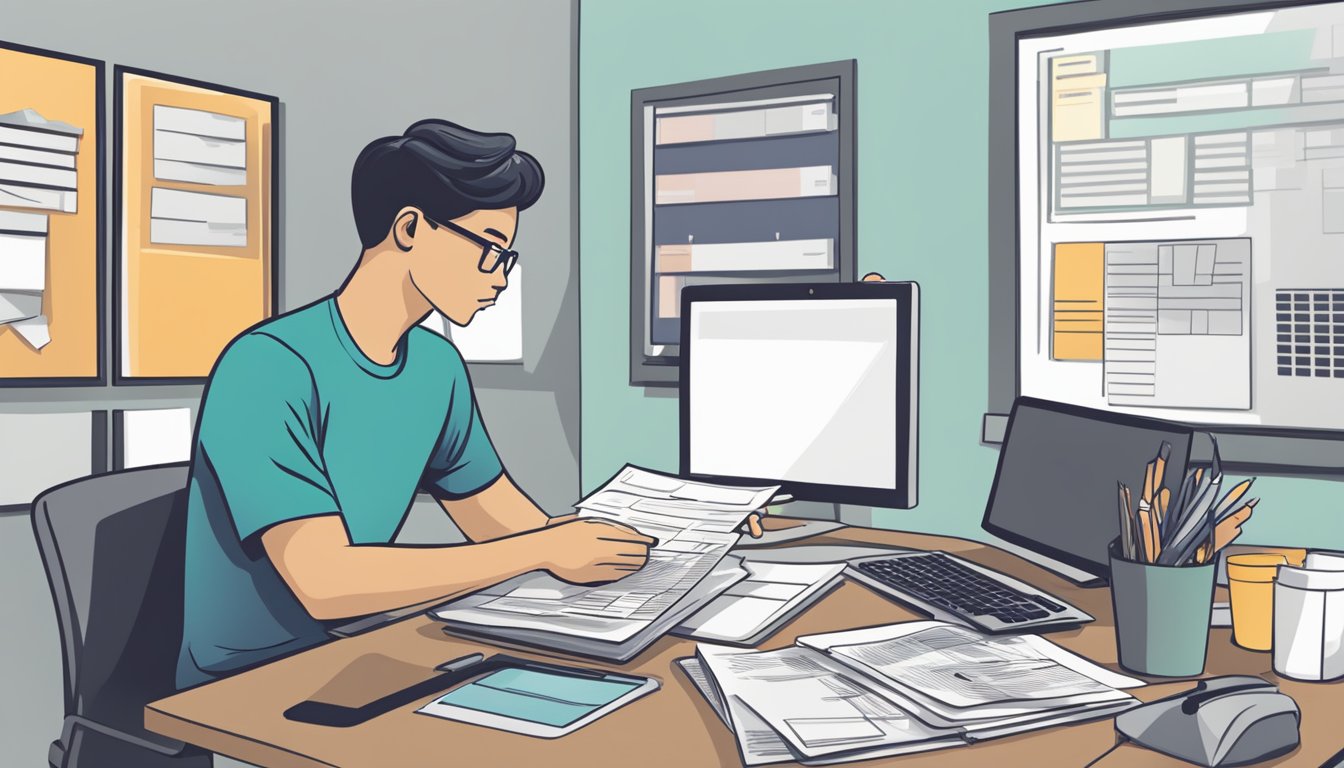 A person sits at a desk with multiple payday loan documents. A calculator and pen are nearby, and a computer screen displays options for consolidation loans in Singapore