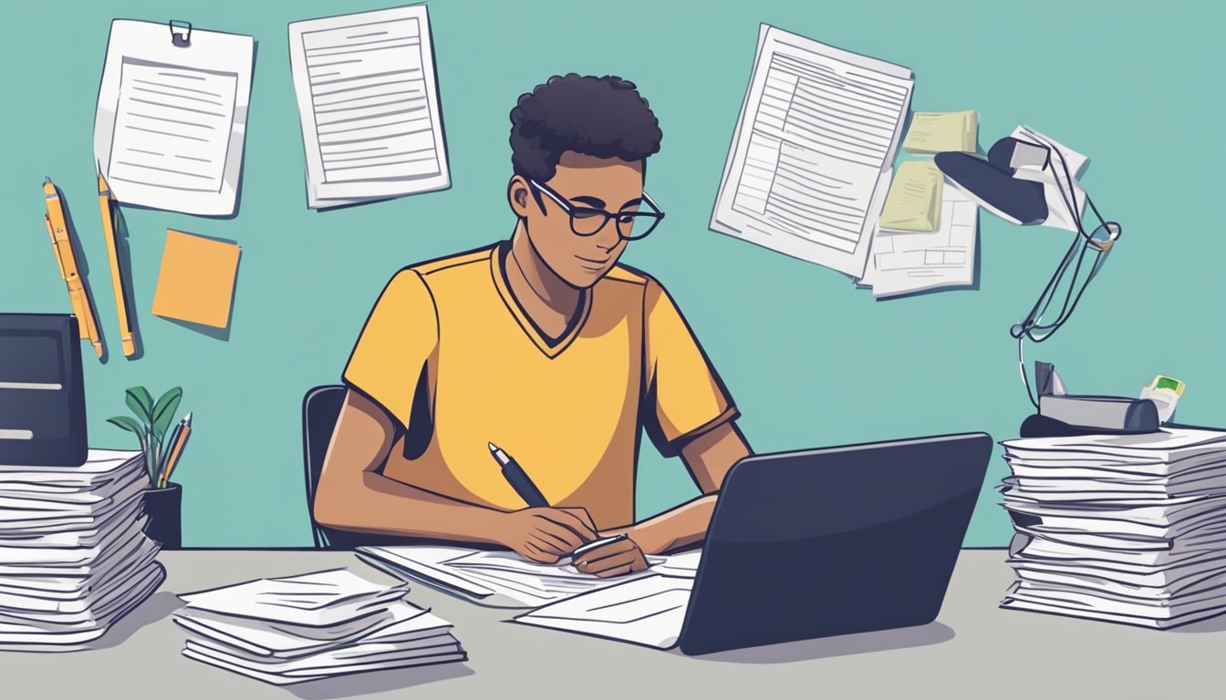 A person sitting at a desk, surrounded by paperwork and a computer, filling out a debt consolidation application form