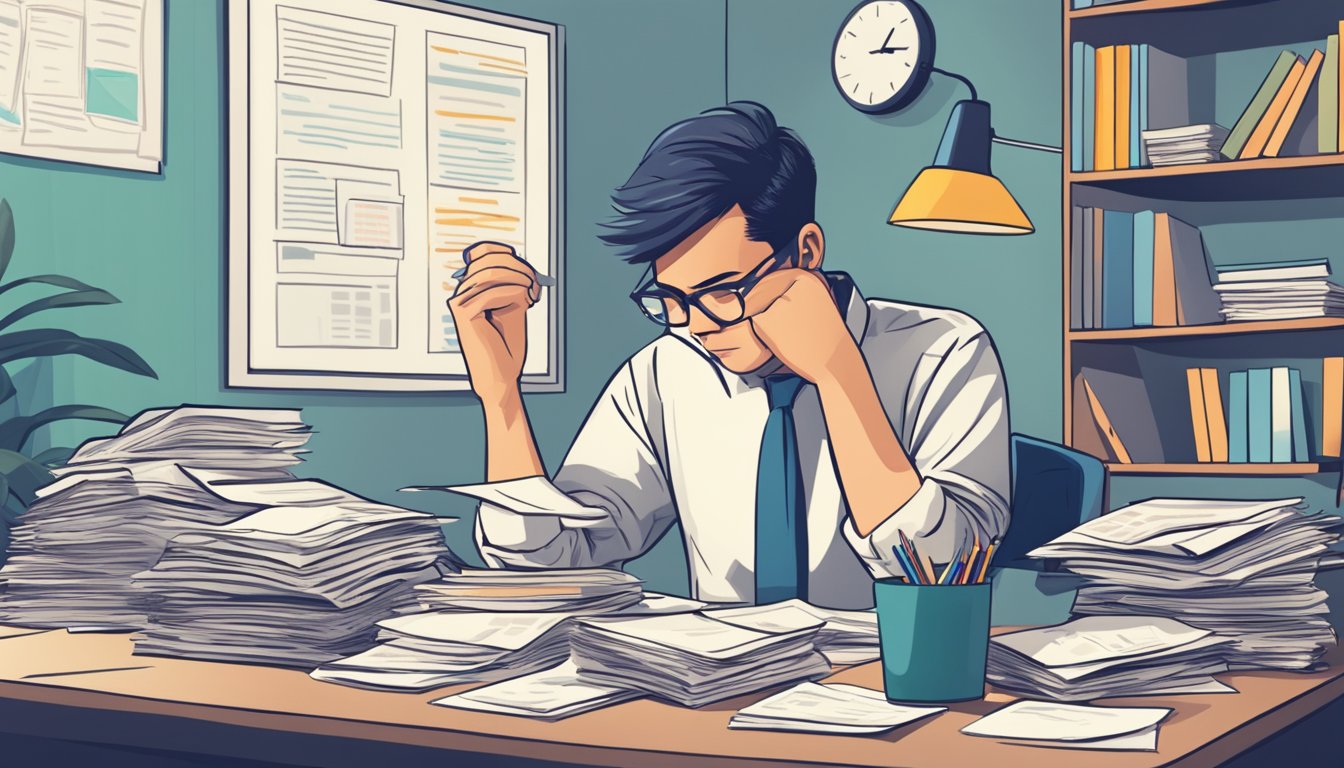 A person sits at a desk with multiple loan documents spread out. They look stressed as they try to consolidate their payday loans in Singapore