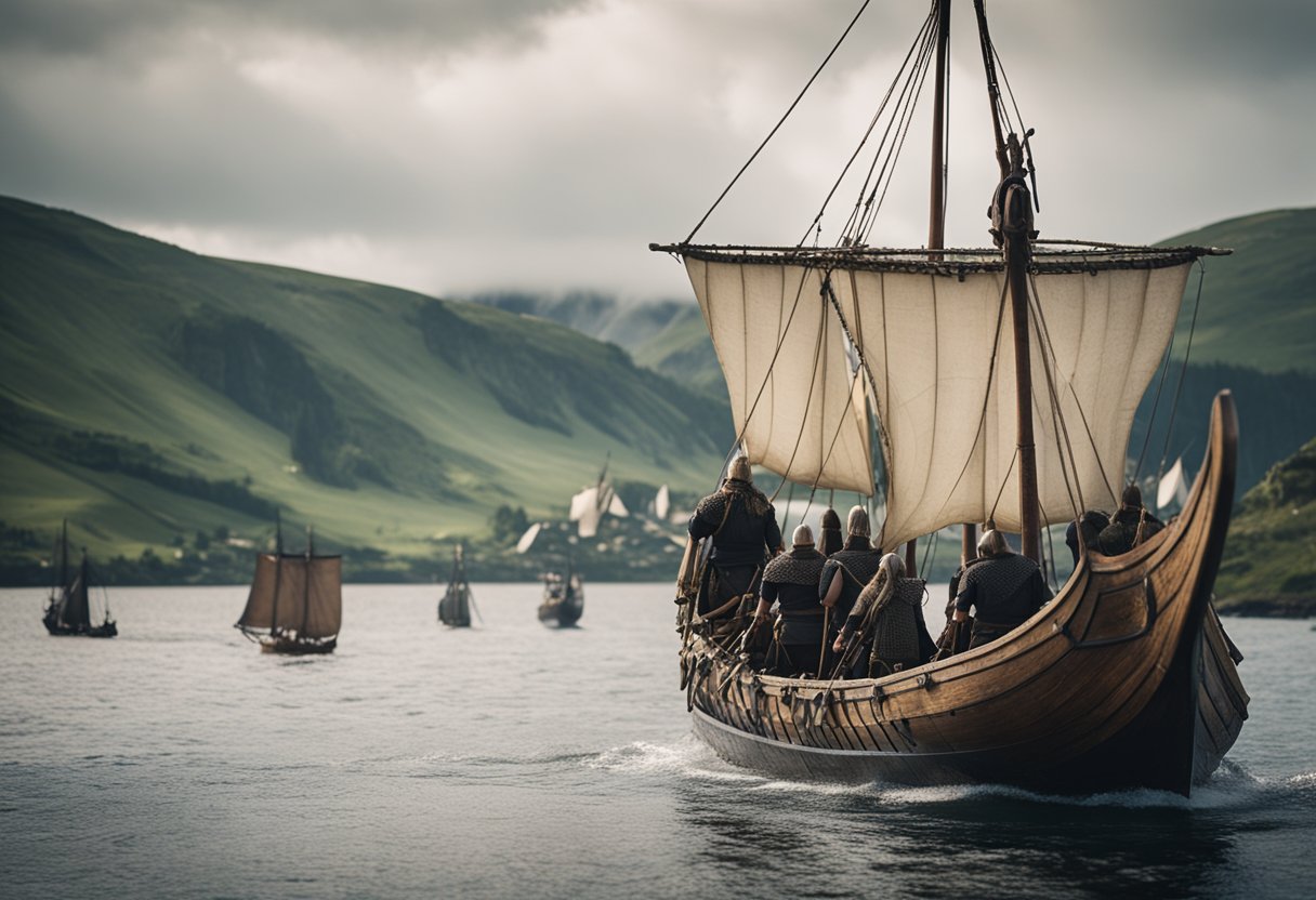 The Vikings: Raiders, Traders, and Settlers - A Concise Norse History - A Viking longship sails toward a bustling Norse village, with warriors, merchants, and farmers going about their daily activities