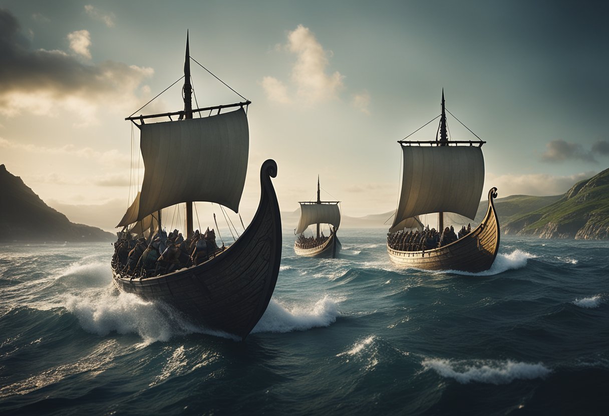 The Vikings: Raiders, Traders, and Settlers - A Concise Norse History - Vikings sail longships towards a coastal village. They carry weapons and goods, ready to trade or raid. A Norse temple stands tall in the background, symbolizing the religion of the Vikings