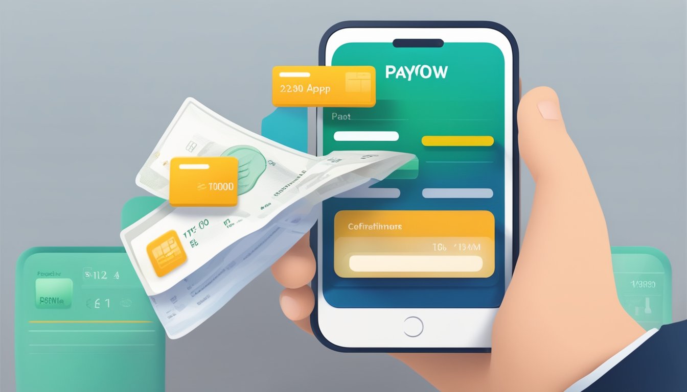 A smartphone displaying the PayNow app with a user entering a payment amount and recipient's details, with a confirmation message and transaction history visible