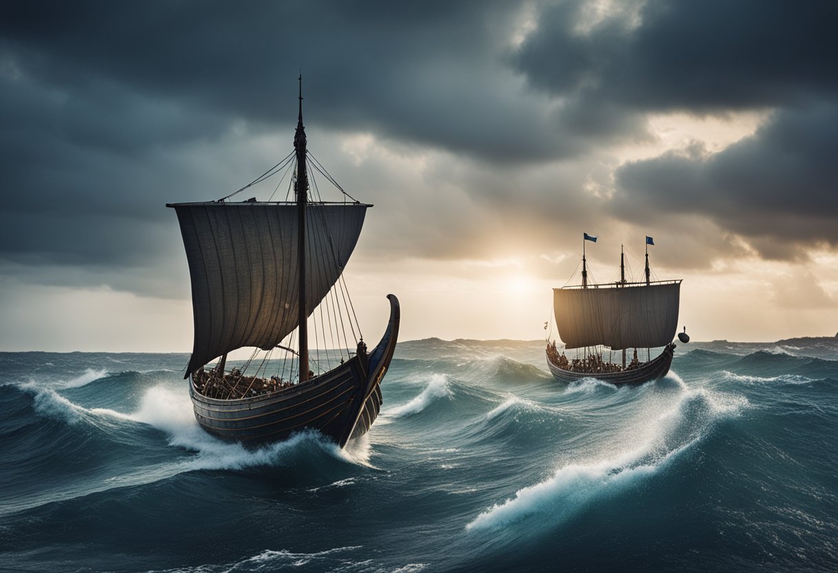 The Vikings: Raiders, Traders, and Settlers - A Concise Norse History - Viking longship sailing through rough seas with a dramatic sky, surrounded by smaller trading vessels and a coastal settlement in the background