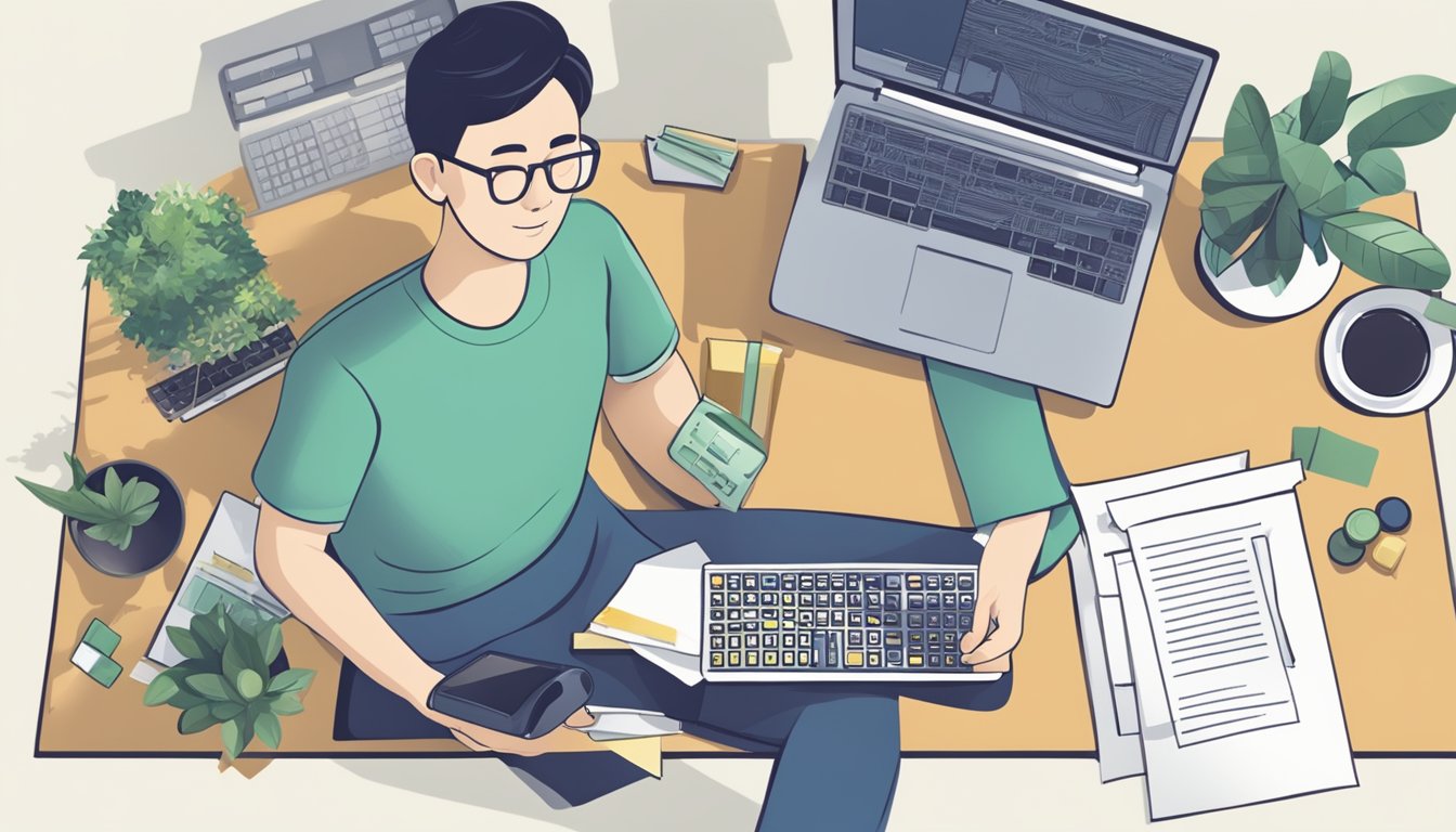 A person sitting at a desk with a calculator, documents, and a computer, researching home loan eligibility and borrowing limits in Singapore