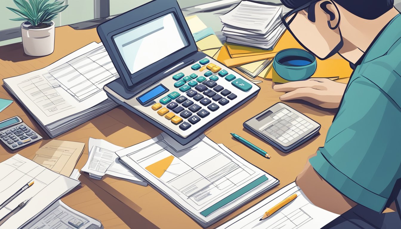 A person sits at a desk with a calculator and paperwork, calculating their potential home loan amount in Singapore