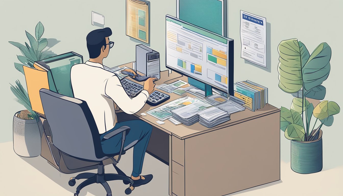 A person sitting at a desk, talking to a money lender in Singapore, with papers and a calculator on the table