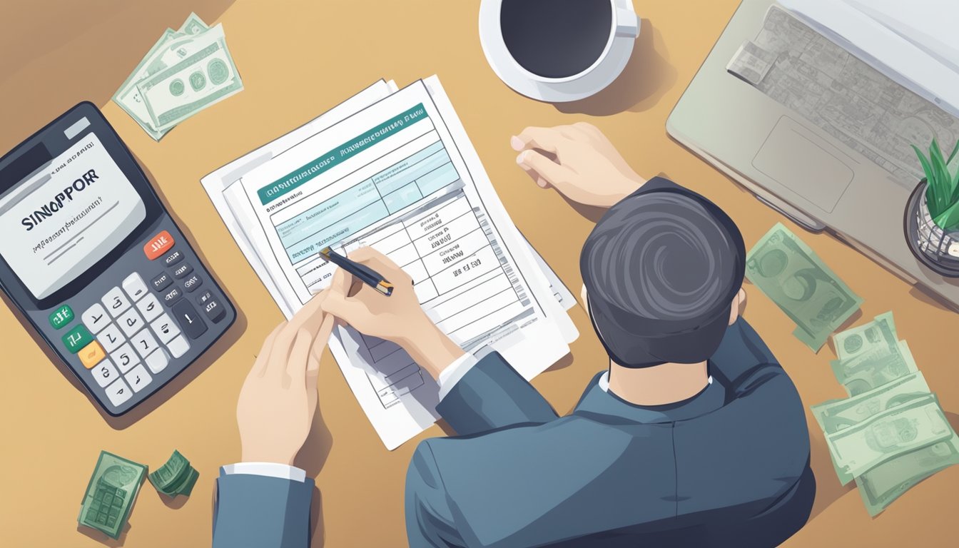 A person inquiring about borrowing money from a Singaporean money lender, with a calculator and loan application form on a desk