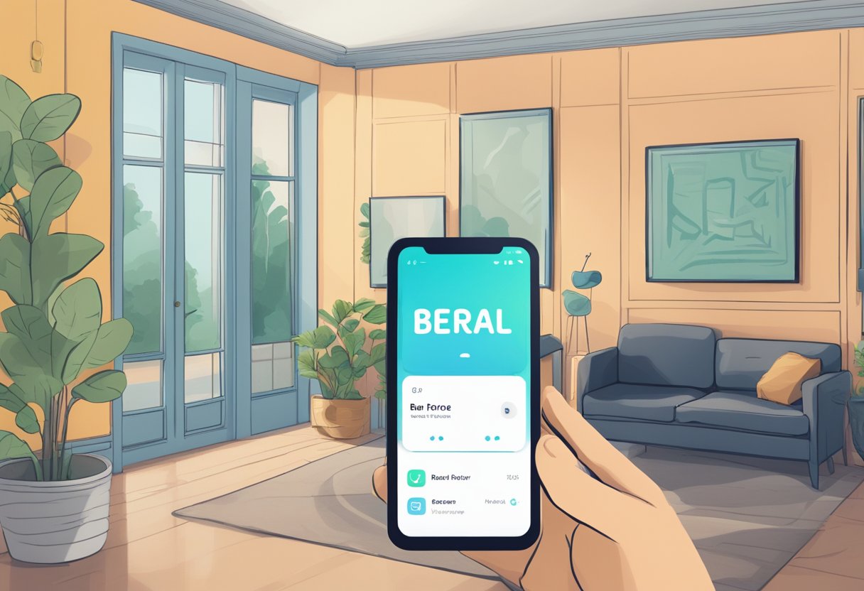 A serene room with a smartphone displaying a "Bereal" app error message. A music player sits nearby, adding a sense of frustration and confusion