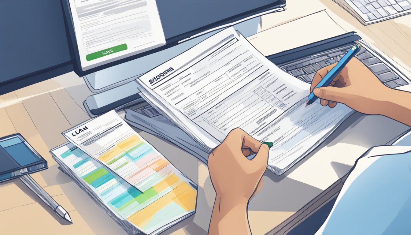 A person sits at a desk filling out a loan application form. A money lender in Singapore reviews the documents and calculates the maximum borrowing amount