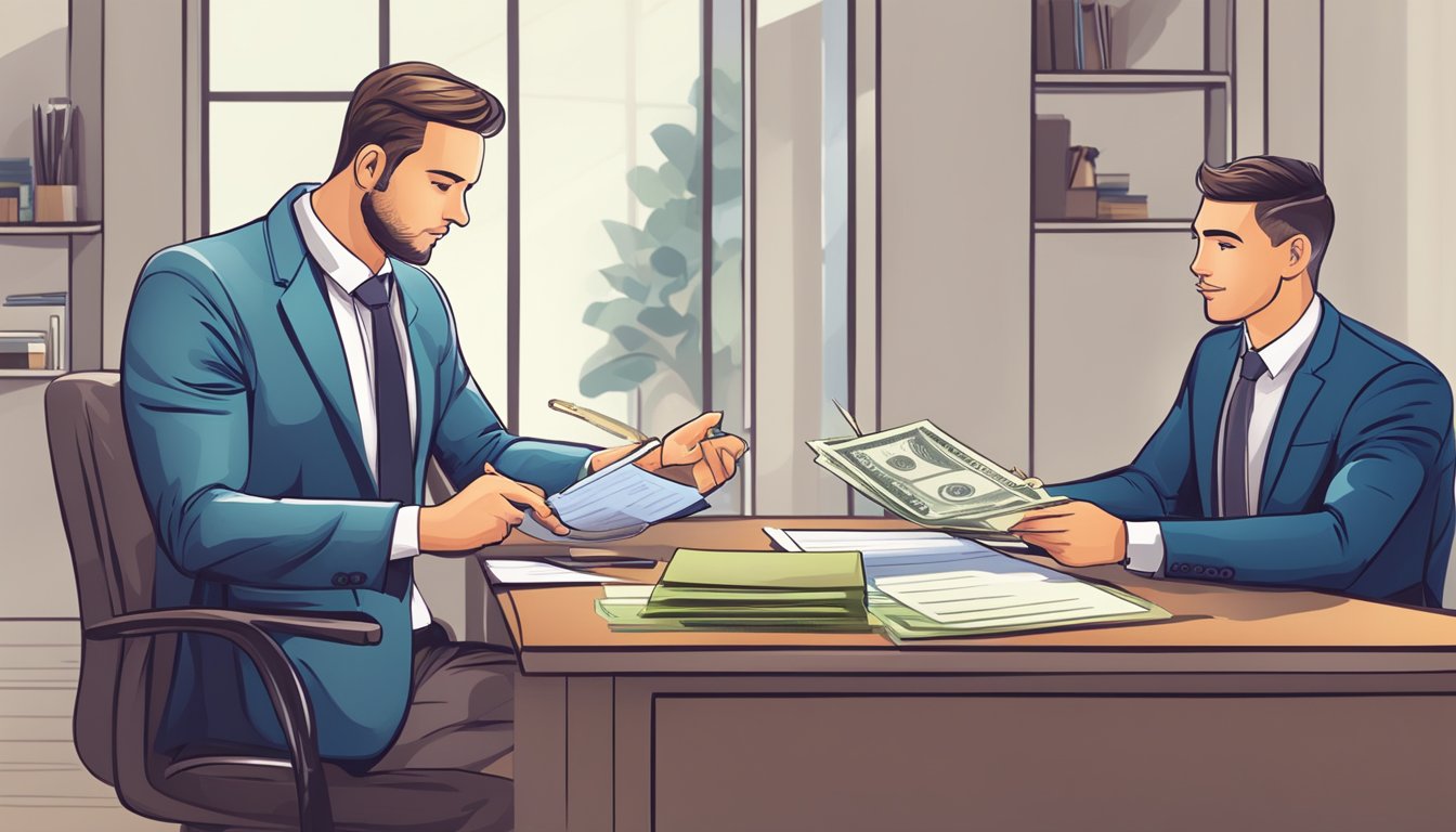 A person sitting at a desk, signing a loan agreement with a money lender. The lender is explaining the terms and repayment plans