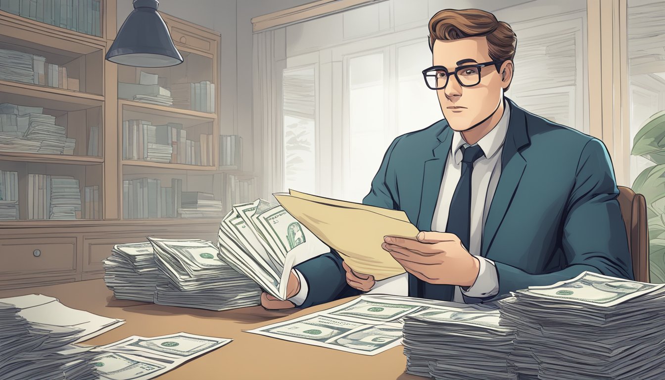 A person carefully reads a contract from a money lender, looking wary and cautious. The lender is gesturing towards a large sum of money, while the borrower hesitates