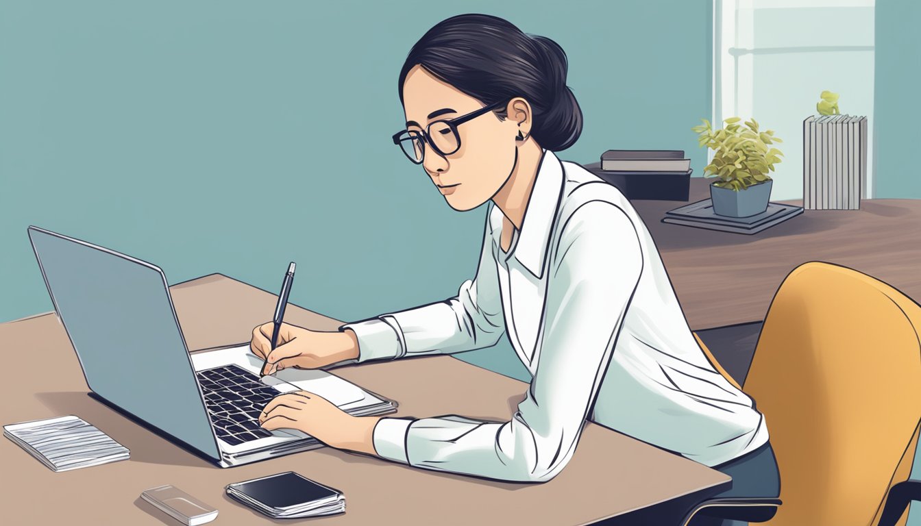 A person sitting at a desk with a laptop, reading a document titled "Frequently Asked Questions: how much can I borrow from money lender Singapore."