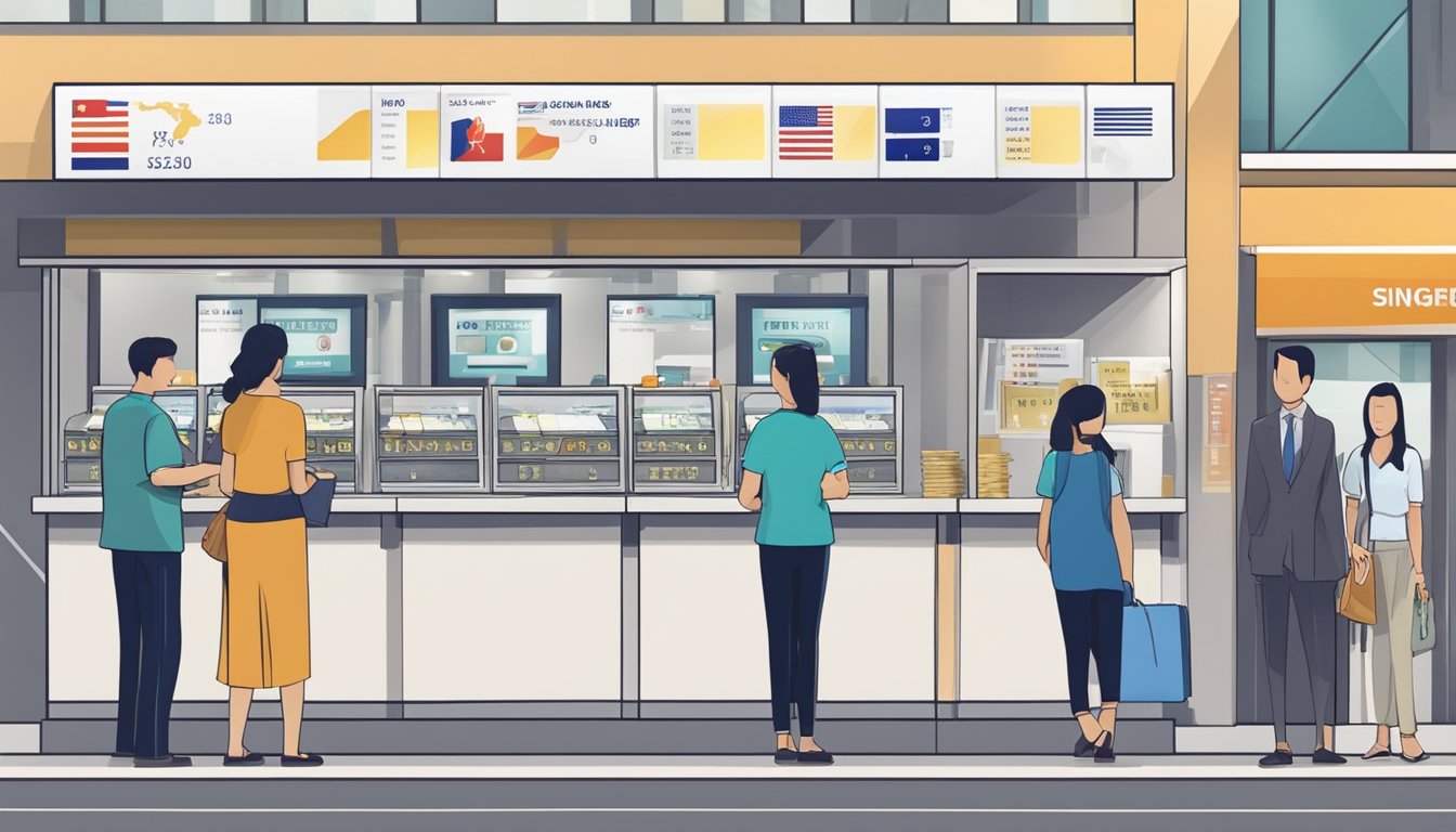Money changers in Singapore charge varying rates for currency exchange. The scene includes a currency exchange counter with displayed exchange rates and a sign indicating the fees charged