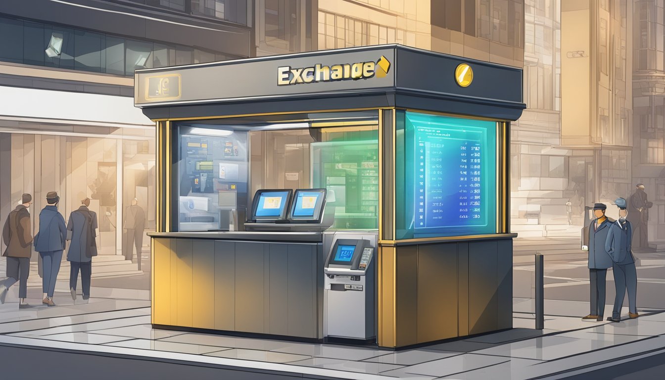 A money changer's booth with a sign displaying exchange rates, currency symbols, and a digital display showing current rates. Security cameras and a glass barrier separate the money changer from customers